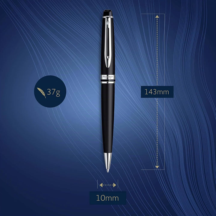 Waterman Expert Kugelschreiber | Mattschwarz | Chromzierteile | Mittlere Spitze | Blaue Tinte | Gesc