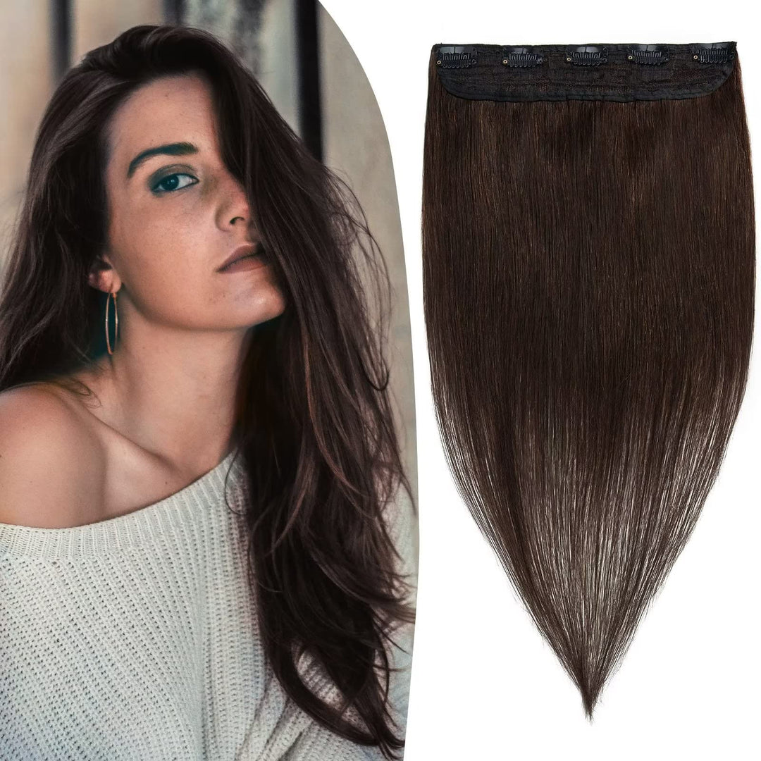 TESS Clip in Extensions Echthaar Braun 25 cm, Ein Stück Clip in Echthaar Haarverlängerung 5 Clips Re