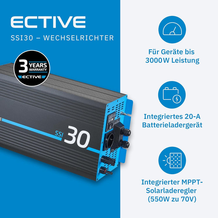 ECTIVE Reiner Sinsus Wechselrichter SSI 30-3000W, 20A, 12V auf 230V, Überlastschutz, Überhitzungssch