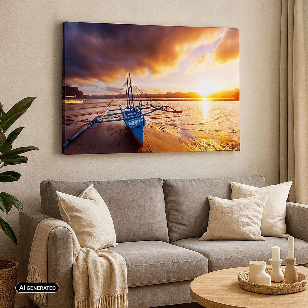 Bilder auf Leinwand 100x70cm Leinwandbild mit Rahmen Ufer Boot Strand Gross Wanddeko Bild Schlafzimm