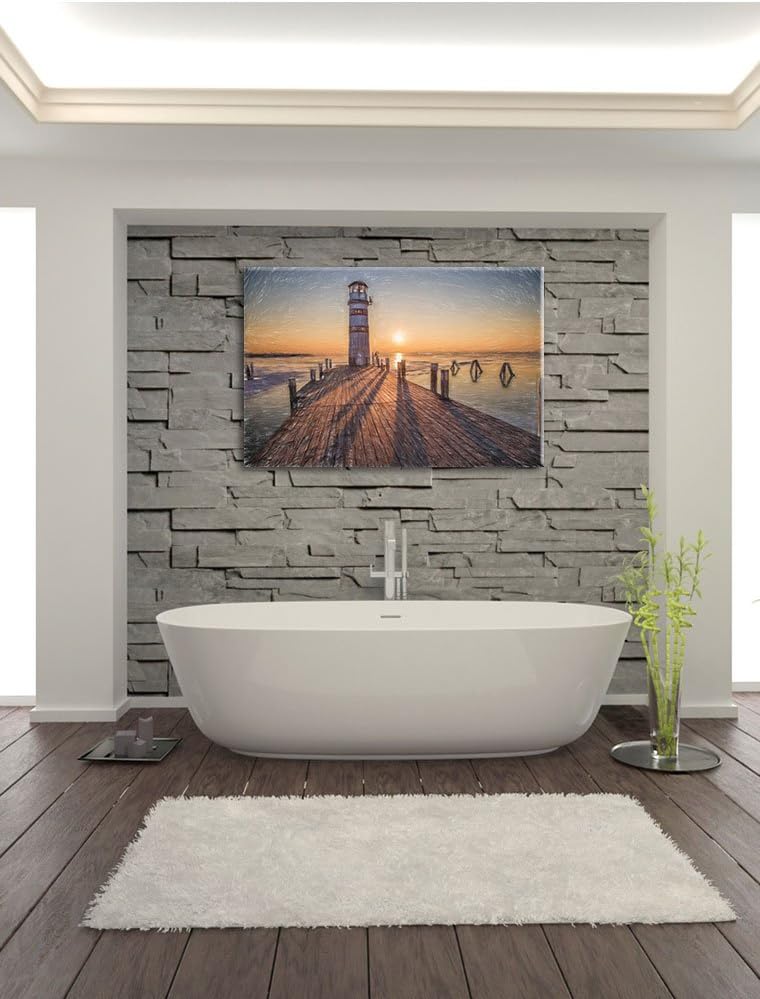 Pixxprint Leuchtturm am Steg als Leinwandbild/Grösse: 100x70 cm/Wandbild/Kunstdruck/fertig bespannt,