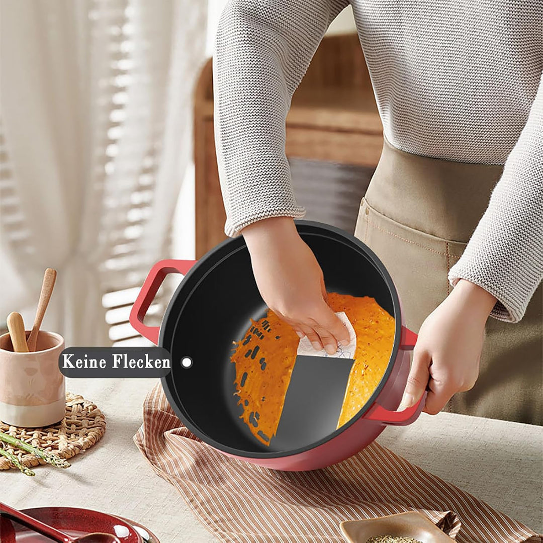 Emailletopf Gusseisen Schmortopf Antihaft mit Deckel: 3.8L Kapazität Kitchen Topf 360° Wärmeleitung