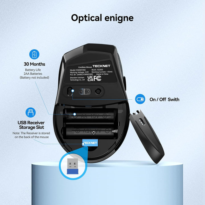 TECKNET Silent Maus Kabellose, 4800DPI 2.4GHz Leise Funkmaus mit Nano Empfänger, Side Control, Ohne
