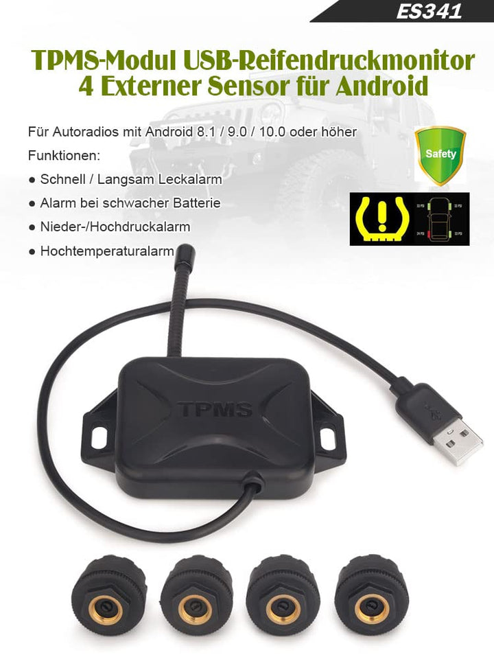 erisin Universal USB TPMS Modul Reifendruckprüfer mit 4 Externe Sensors, USB Reifendrucksensor Reife