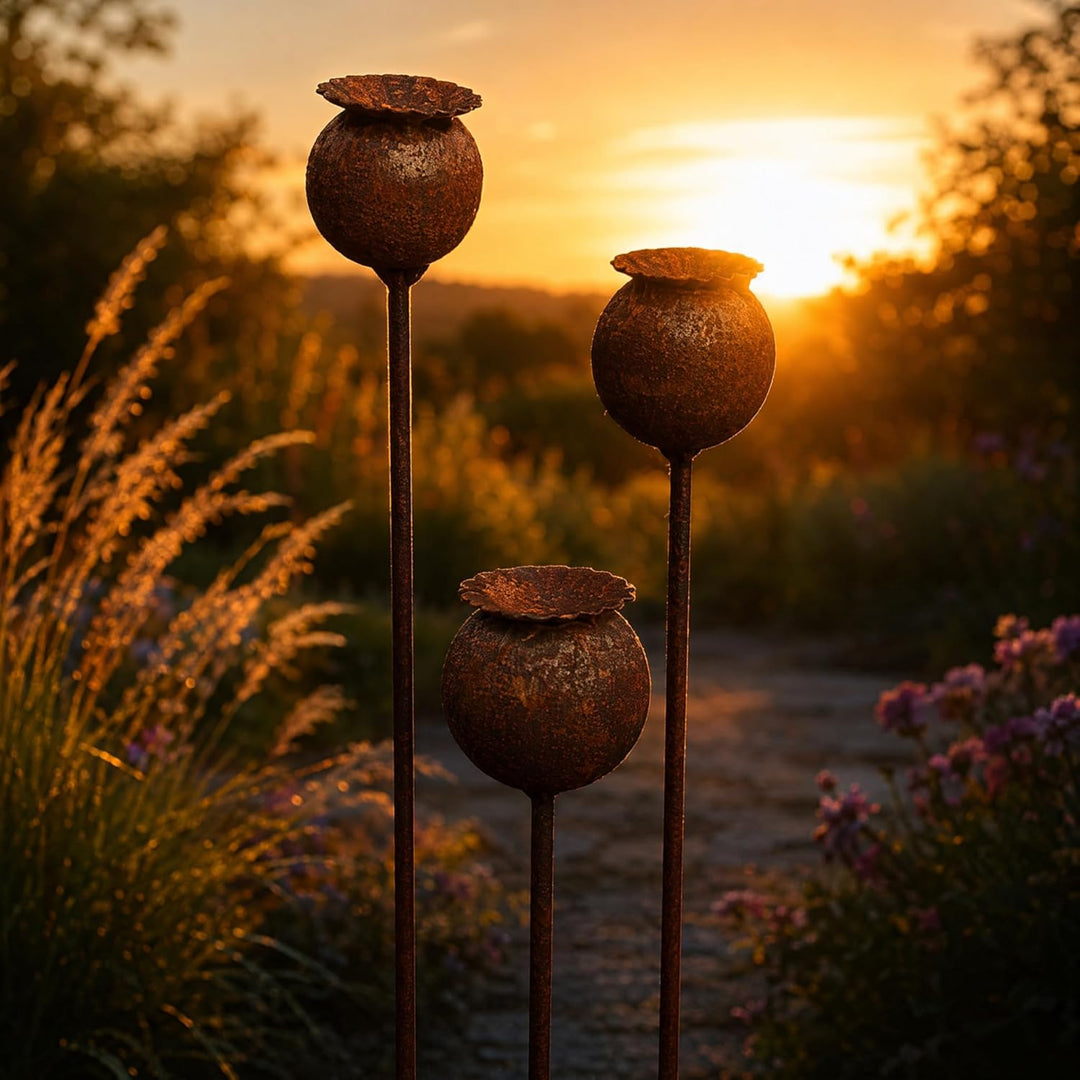 2er Rostige GartendekoSet Rost Deko für Garten Cortenstahl Gartenstecker Metall Blume Mohn Gartendek