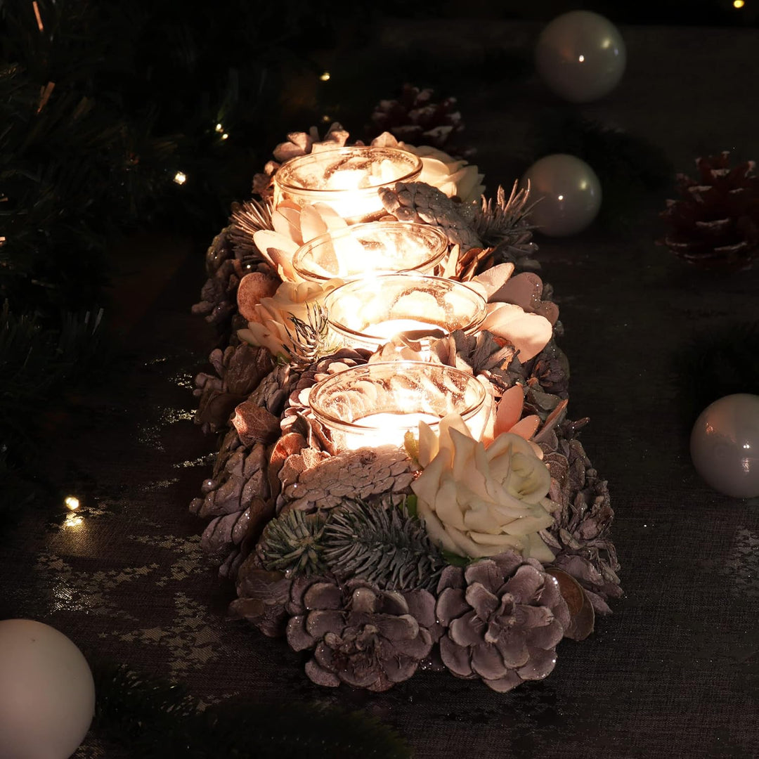 COM-FOUR® Adventskranz länglich, Kerzenständer Weihnachten für 4 Kerzen, Kerzenhalter, Adventsgestec