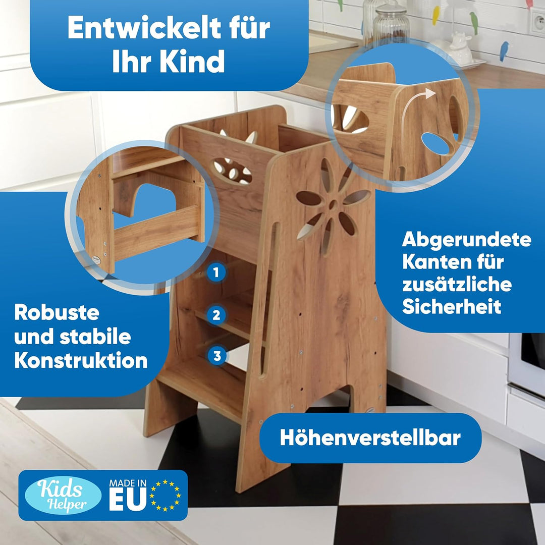 Kitchen Kids Helper Lernturm ab 1 Jahr - Höhenverstellbarer Lernturm Montessori Eiche 80cm - Sichere