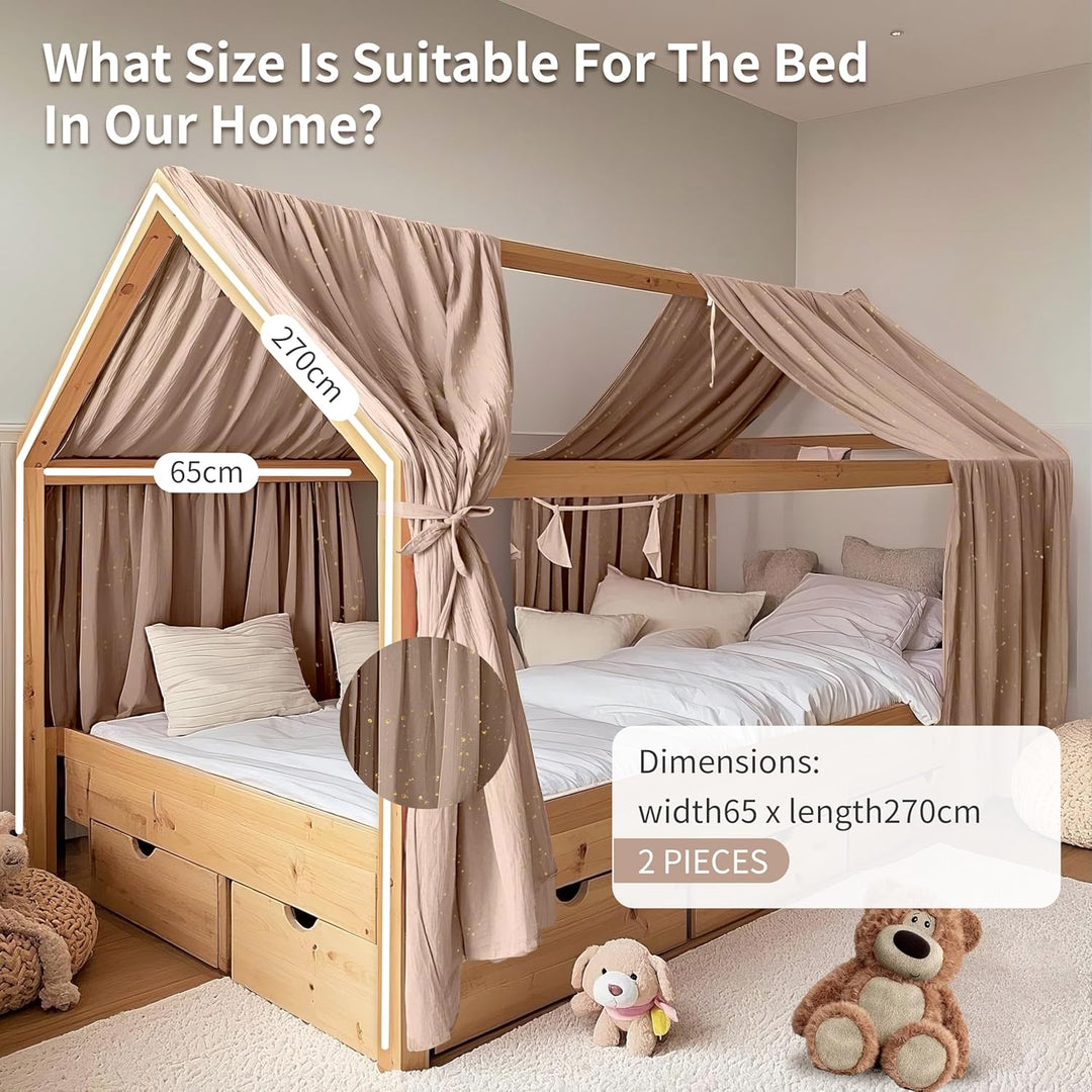 Hausbett Himmel mit Gold Applikation 2 Stück, handgefertigt aus 100% Baumwoll-Musselin, Stoffhimmel
