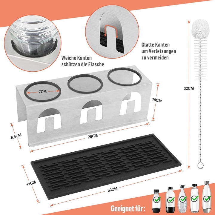 ACTIV CUISINE Flaschenhalter für Sodastream Duo Crystal Flaschen, 3er Edelstahl Abtropfhalter, Abtro