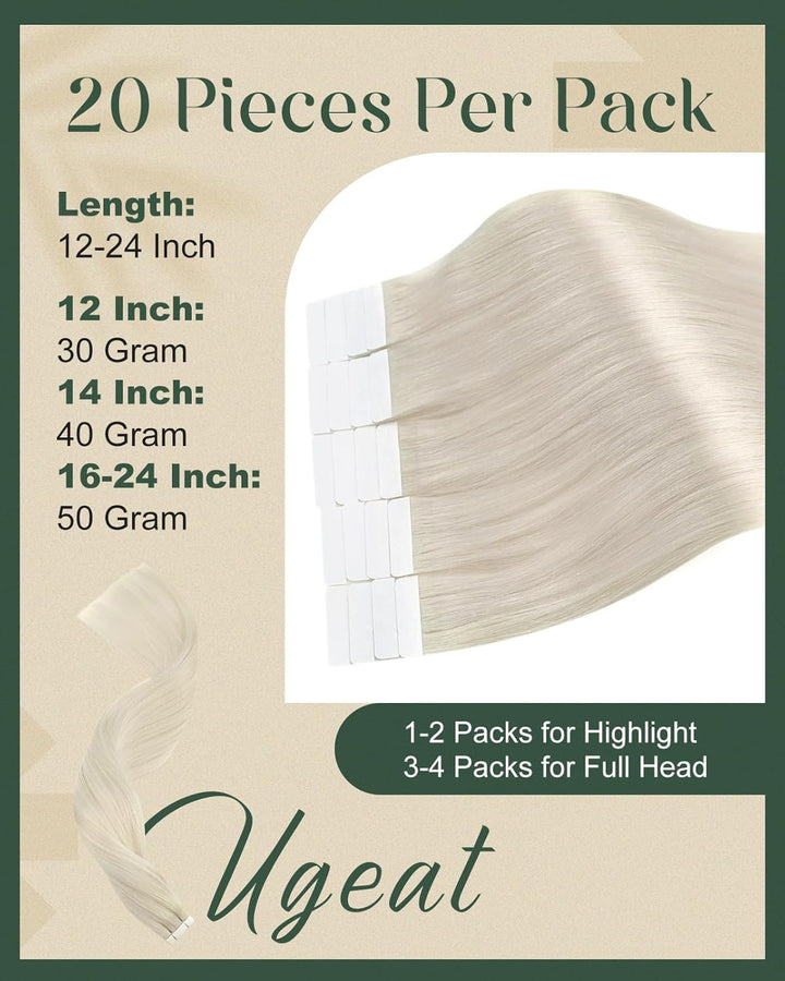 Ugeat Tape Extensions Echthaar 55cm Echthaar Tape in Extensions Blond Remy Echthaar Weissblond Unsic
