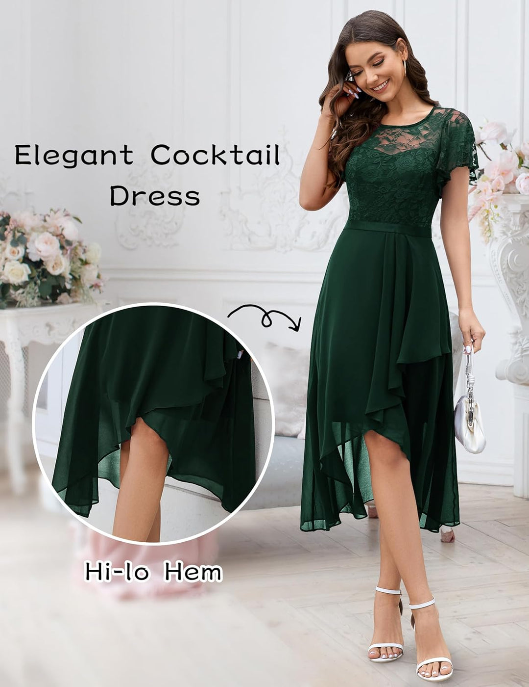 Wedtrend Abendkleid Damen Elegant für Hochzeit High Low Cocktailkleid Chiffonkleid mit Spitzen A Lin
