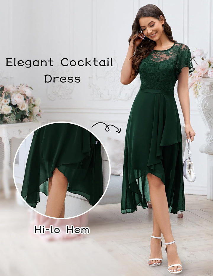 Wedtrend Abendkleid Damen Elegant für Hochzeit High Low Cocktailkleid Chiffonkleid mit Spitzen A Lin