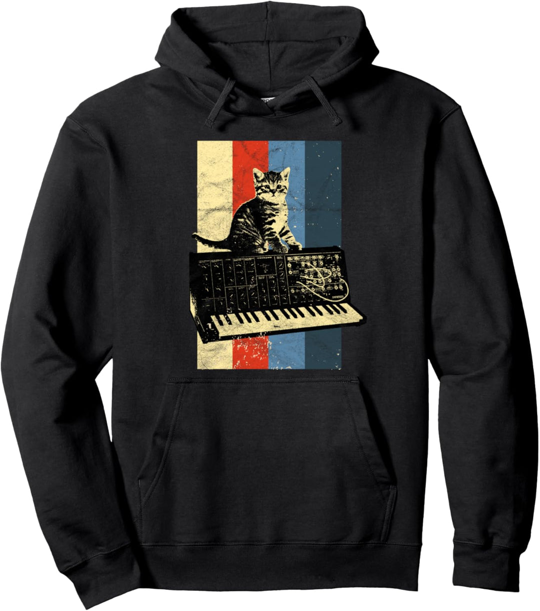 Vintage Analog Synthesizer & Cat Synth Retro Studio Gear Pullover Hoodie