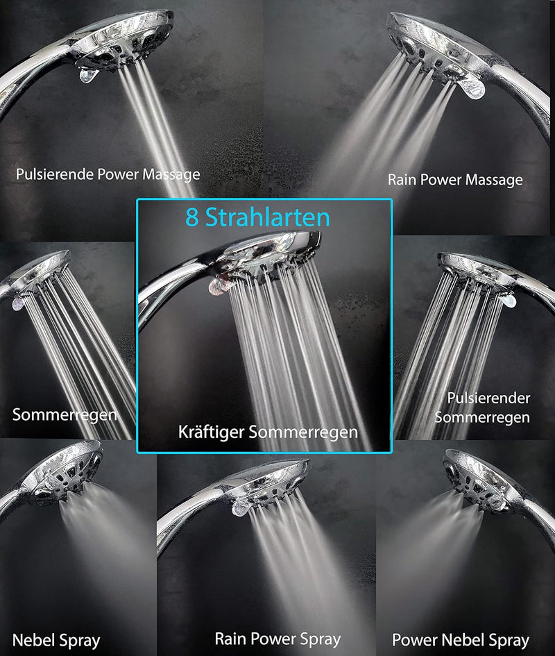 BLUMBACH ® Duschkopf schwarz wassersparend - Hochdruck Duschkopf Aqua Joy - 8 Strahlarten, Duschbrau