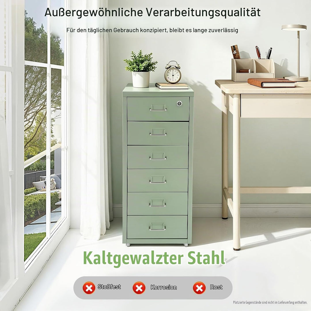 Aktenschrank Abschliessbar, Rollcontainer mit 6 Schubladen, Metall Bürocontainer Schubladenschrank R