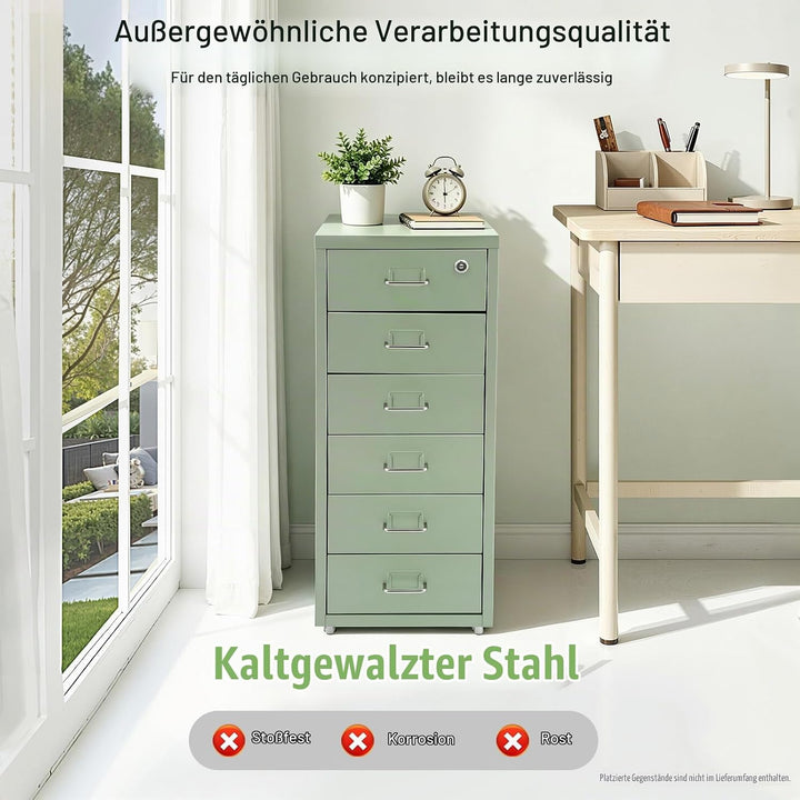 Aktenschrank Abschliessbar, Rollcontainer mit 6 Schubladen, Metall Bürocontainer Schubladenschrank R