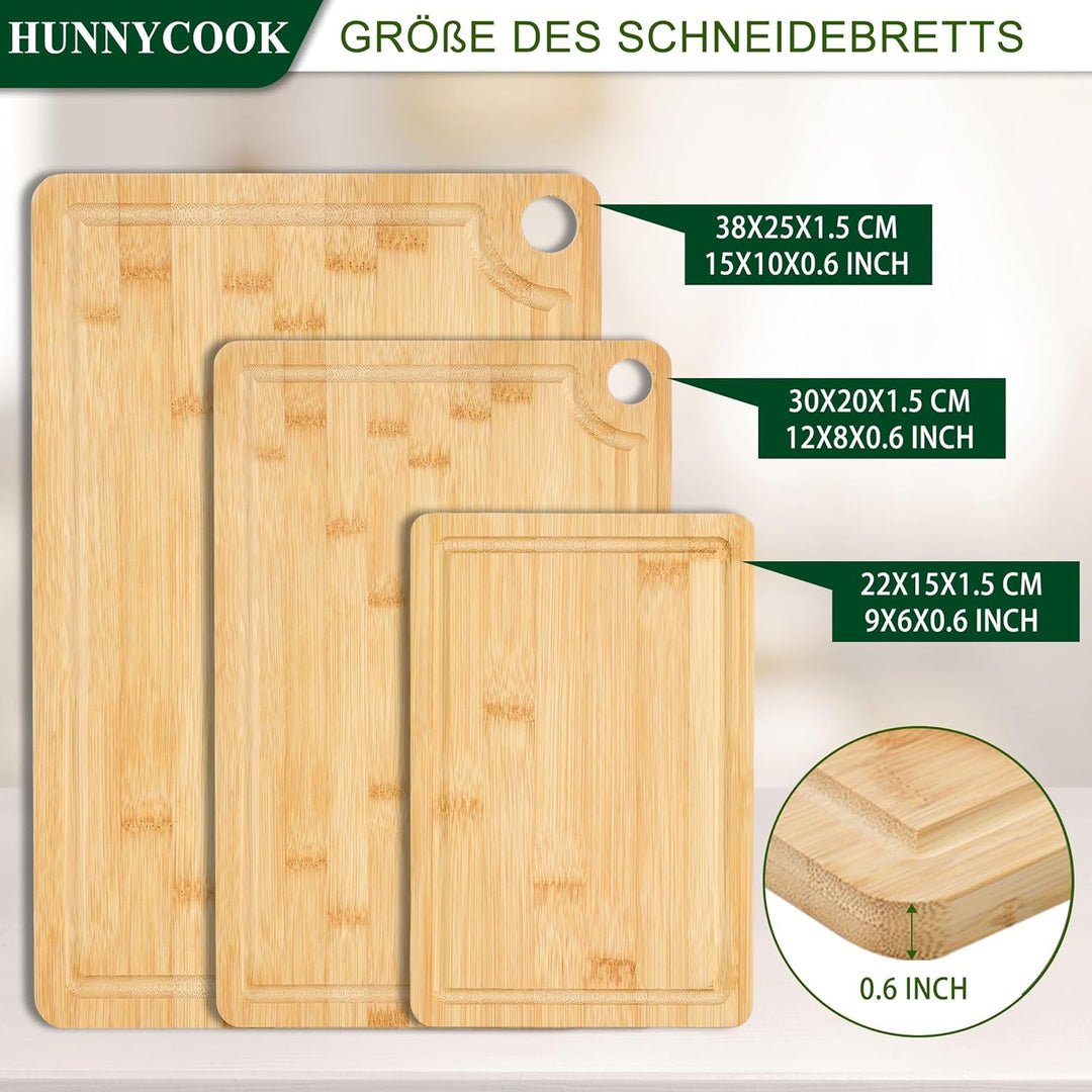 Hunnycook Schneidebrett Holz 3er-Set, Holzbrett Küche mit Tiefen Saftrillen und Eingebauten Griffen,