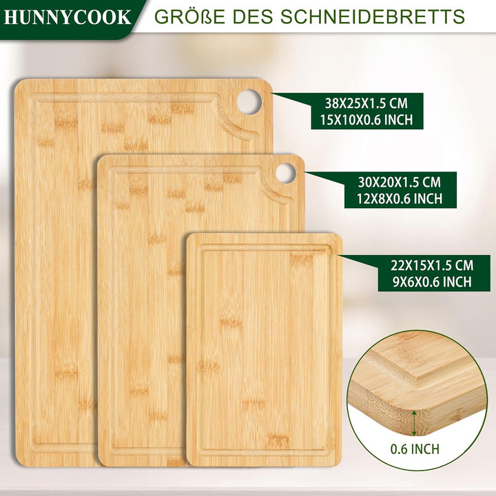 Hunnycook Schneidebrett Holz 3er-Set, Holzbrett Küche mit Tiefen Saftrillen und Eingebauten Griffen,