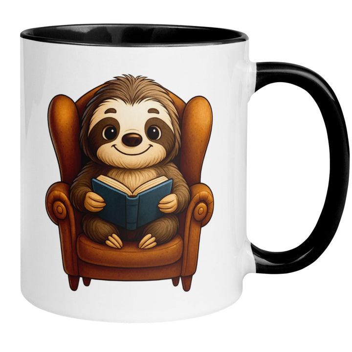 Faultier Tasse | Faultier mit Buch im Sessel | Lustiger Geschenk Becher für Leseratten und Bücherwur