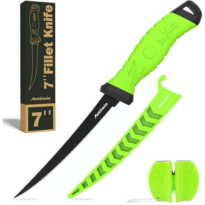 ANTOWIN 17,8 cm Fishing Edelstahl Filetiermesser Set mit Messer-Schärfer, Ergonomischer ABS Griff, B