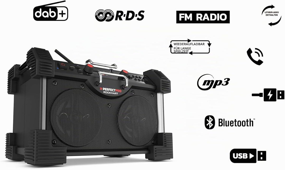 PerfectPro Baustellenradio ROCKHART, DAB+ und UKW-Empfang, Bluetooth, AUX und USB-Eingang, Inklusive