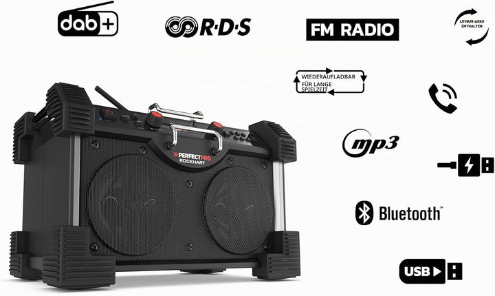 PerfectPro Baustellenradio ROCKHART, DAB+ und UKW-Empfang, Bluetooth, AUX und USB-Eingang, Inklusive