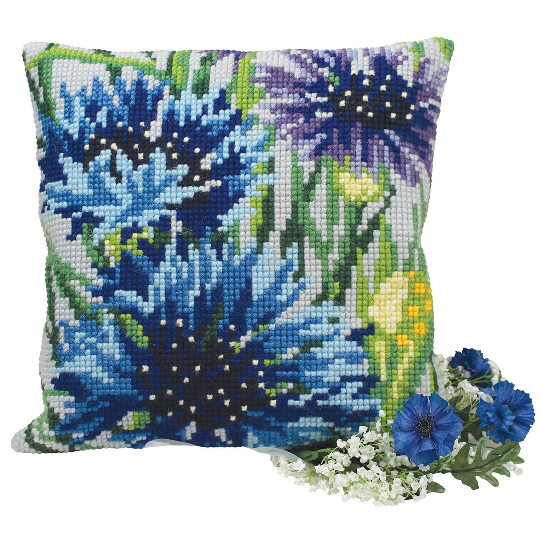 Collection d'Art CdA Kreuzstichkissen Blaue Blumen 5108, 40x40cm, Stickbild vorgezeichnet Blaubeere