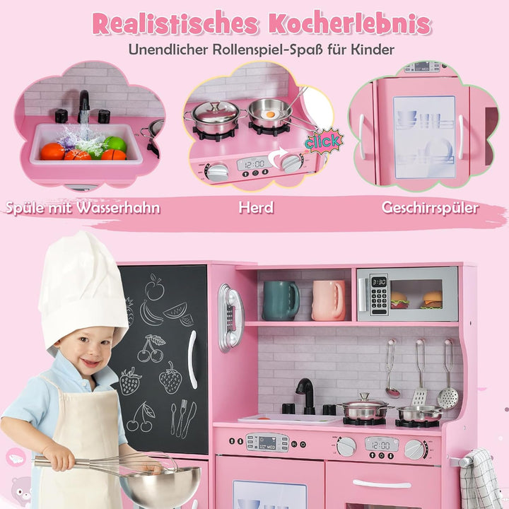 DREAMADE Kinderküche Holz mit Zubehör, Kinderspielküche Holzküche mit Herd Geschirrspüler Eismaschin