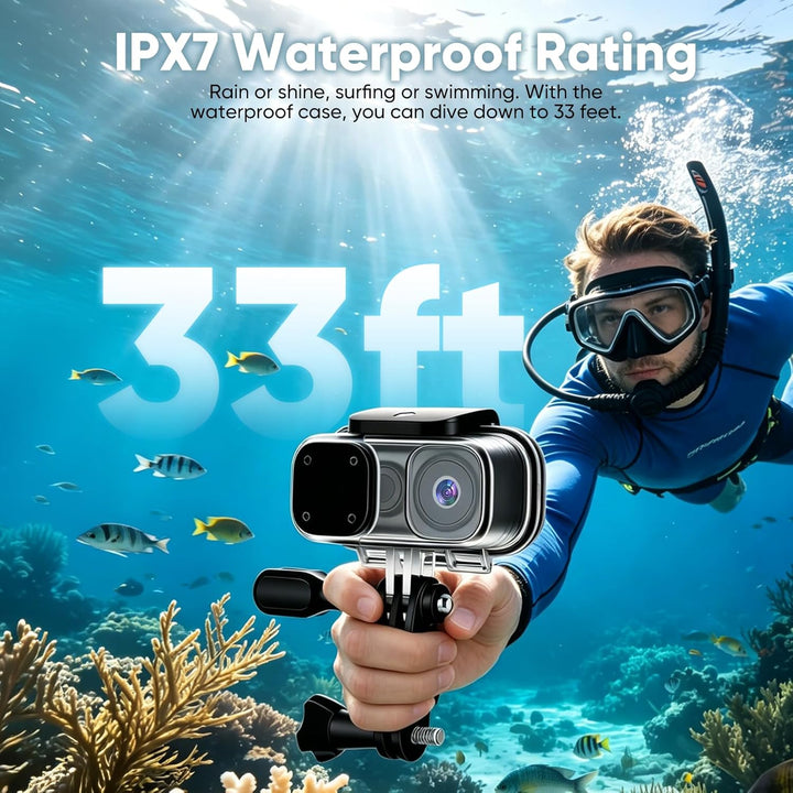 Mini Action Cam 4K, 125° Weitwinkel Actionkamera, Wasserdicht 30M, Bodycam mit Magnet &amp; Fahrrad-/Hel