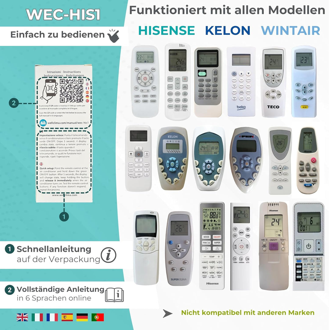 Wellclima WEC-HIS1 Fernbedienung für Klimaanlagen für Hisense, für Kelon, für Wintair, Umfangreicher