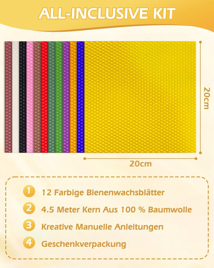 KIYTARBOO Bienenwachsplatten Set, 12 Stück Bienenwachskerzen Selber Machen Set 20x20 cm, DIY Kerzen
