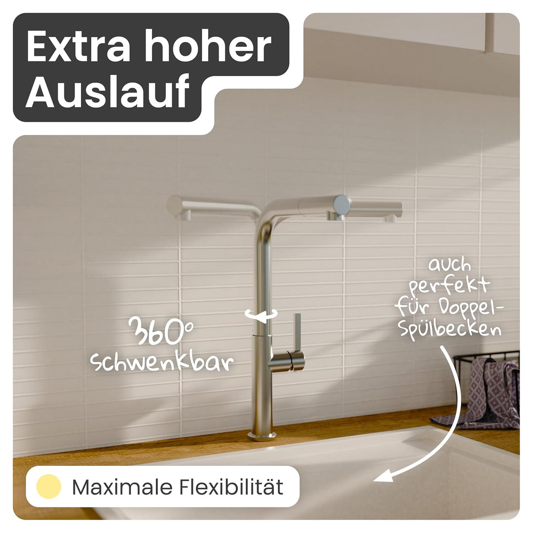 instmaier Cassia | Küchenarmatur mit herausziehbarem Auslauf | Edelstahl | Wasserhahn Küche 360° sch