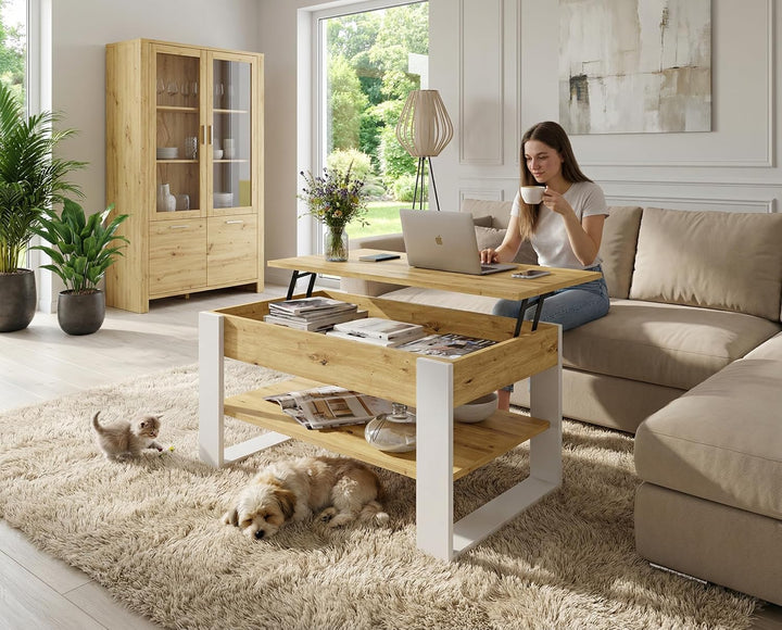 Couchtisch mit anhebbarer Platte | Höhenverstellbarer Wohnzimmertisch mit Stauraum | Sofatisch Eiche
