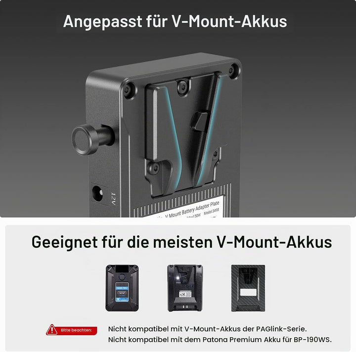 SMALLRIG V-Mount Akkuplattenadapter mit doppelter 15-mm-Stabklemme, für spiegellose/DSLR-Kamera, für
