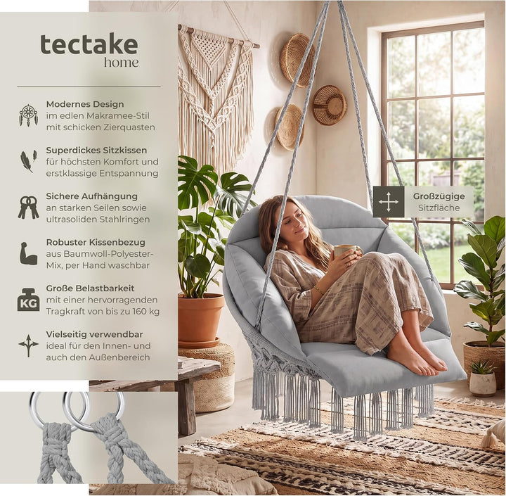 tectake® Hängesessel, Hängeschaukel mit dicken Kissen &amp; Quasten, Boho Hängekorb Ø 80 cm, Hängesessel