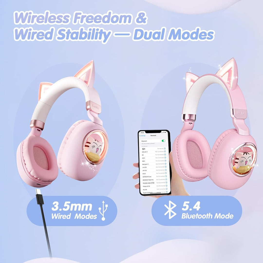 Kinder Kopfhörer mit Katzenohren, Bluetooth 5.4 Over-Ear Noise Cancelling Kopfhörer mit Mikrofon, LE