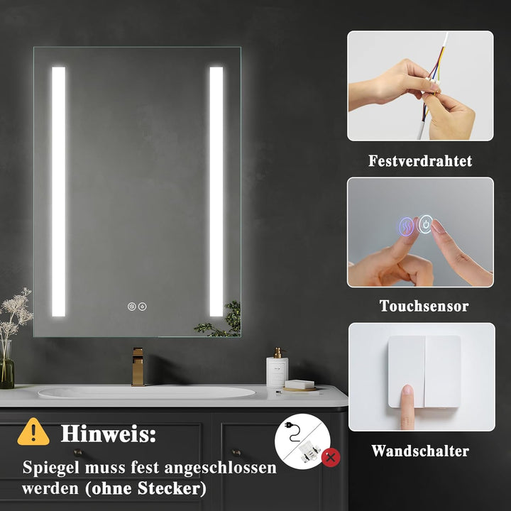 Badspiegel mit Beleuchtung 50x70cm : LED-Badezimmerspiegel Badezimmer-Spiegel mit Beschlagfrei,Touch