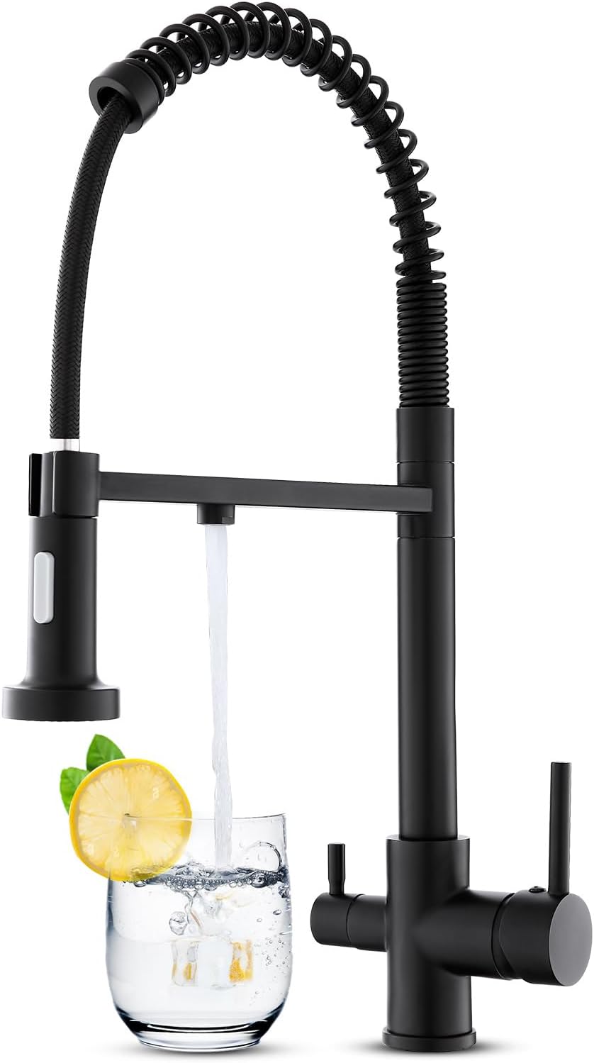 KEOKBON 3 Wege Wasserhahn Küche Schwarz mit 2 Funktion Brause, 360° Drehbar Küchenarmatur aus Messin