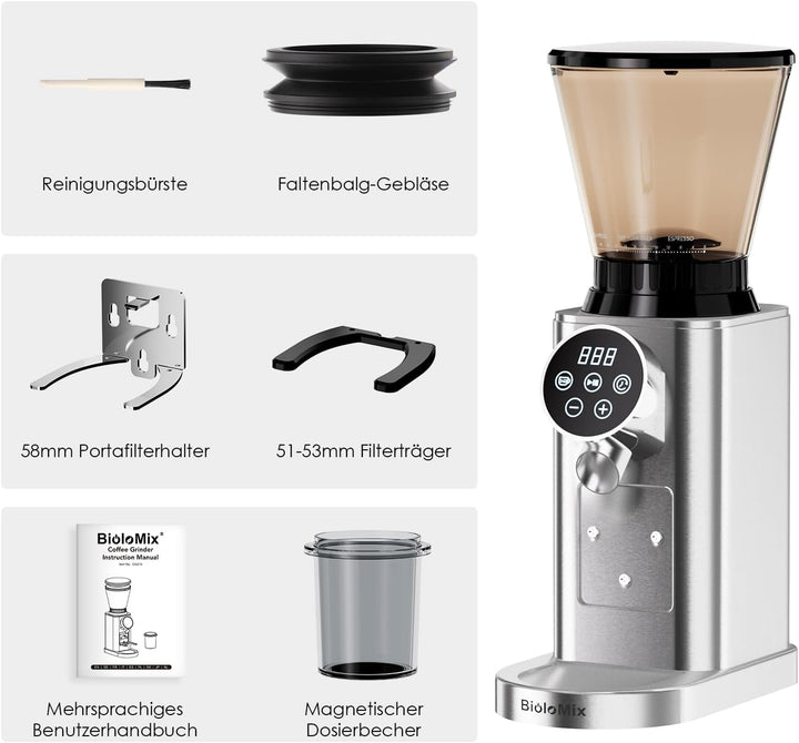 Biolomix Elektrische Kaffeemühle mit abnehmbarem Griffhalter,48 Mahlgradeinstellungen,einstellbar vo