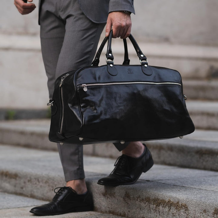 Time Resistance Reisetasche Leder Duffel Tache Vollnarbenleder Weekender Sporttasche Schwarz, Schwar