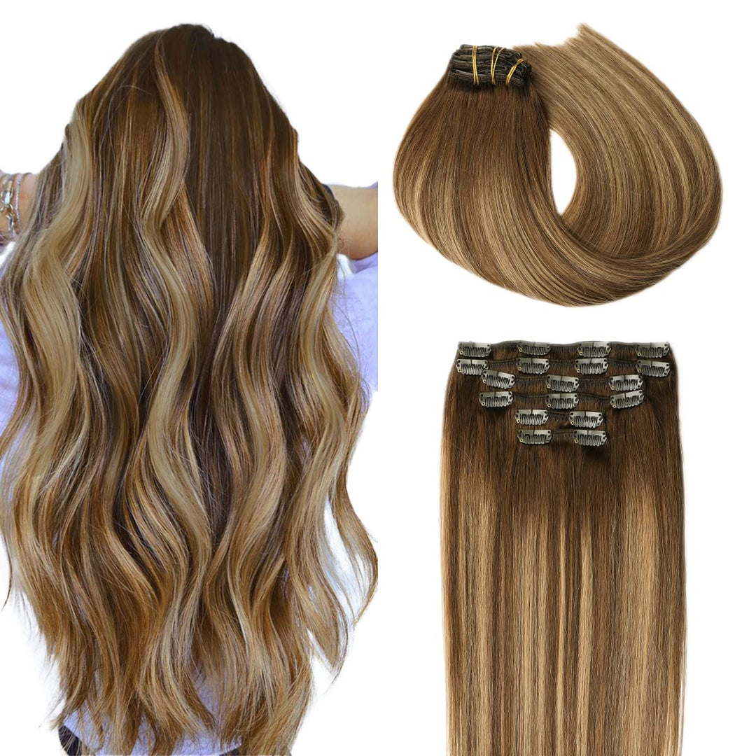 SURNEL Haarverlängerung Echthaar Clip 6pcs/120g Balayage Dunkelbraun mit Karamellblond Echthaar Exte