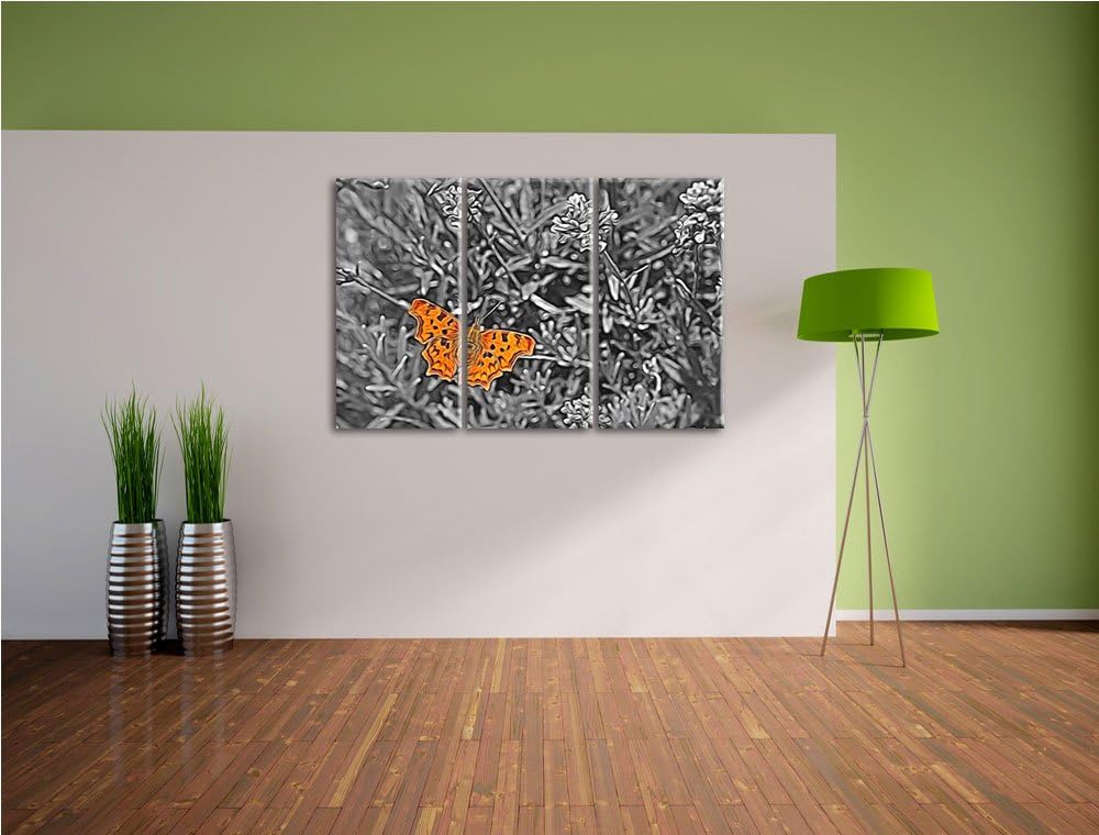 schöner Schmetterling auf Blumenwiese schwarz/weiss Spezial 3-Teiler Leinwandbild 120x80 Bild auf Le