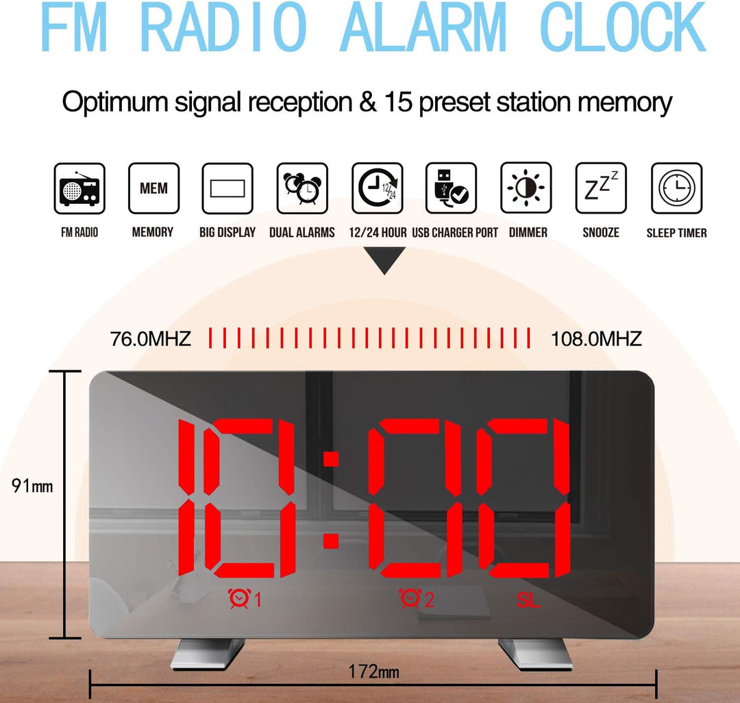 ThreeH Radio-Digitaluhr mit USB-Telefonladegerät 7,3'' LED Curved-Screen-Display mit Dimmer 2 Wecker