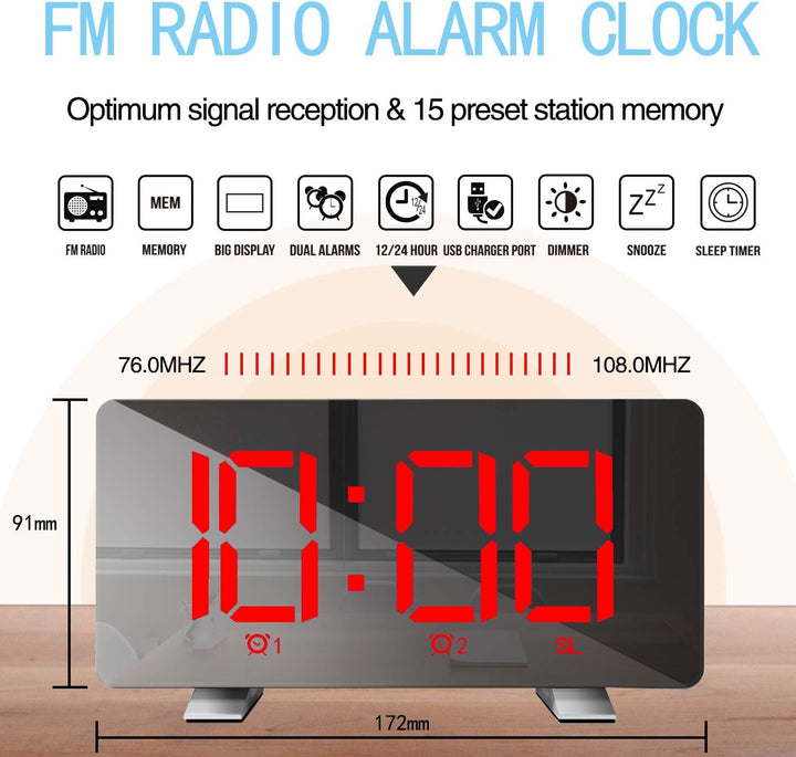 ThreeH Radio-Digitaluhr mit USB-Telefonladegerät 7,3'' LED Curved-Screen-Display mit Dimmer 2 Wecker