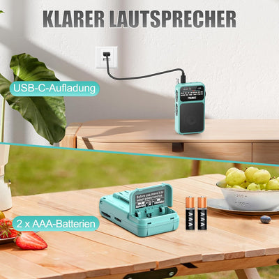 PRUNUS J-555 AM/FM/UKW Radio Klein, Kleines Radio mit Akku, USB-C-Laden, Mini Radio Batteriebetriebe