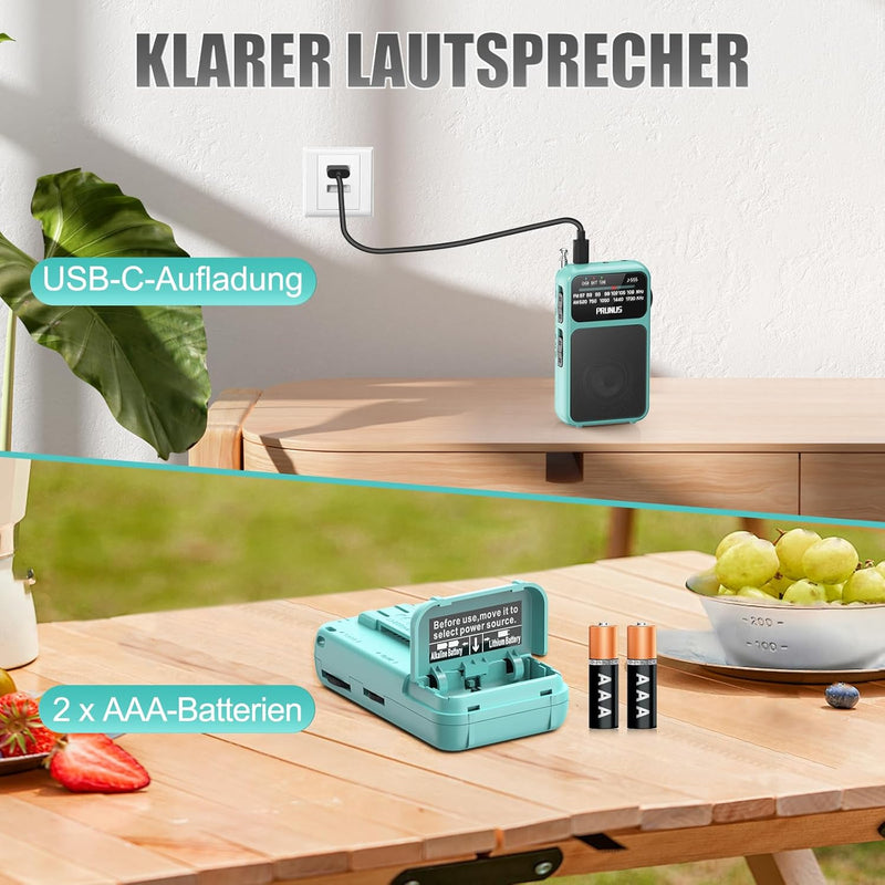 PRUNUS J-555 AM/FM/UKW Radio Klein, Kleines Radio mit Akku, USB-C-Laden, Mini Radio Batteriebetriebe