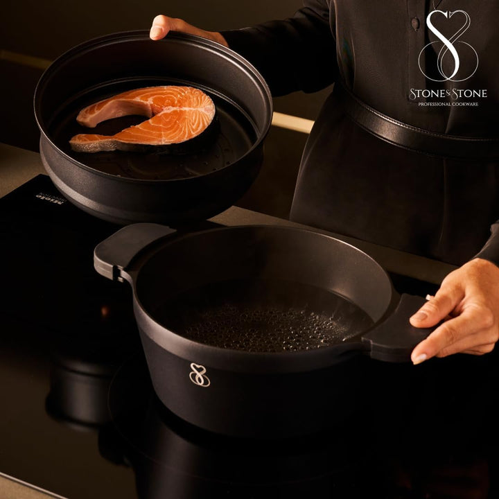 Induktionskochset 24 cm | Dampfgarer + Grillpfanne + Dampfgarer für Lebensmittel mit 3 Ebenen stapel