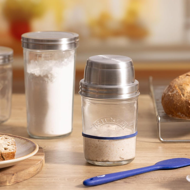 Kilner Sauerteig Starter Set 5-teilig / 350 ml / Glas mit Messbecher-Deckel, Weithals-Glas, Gummirin