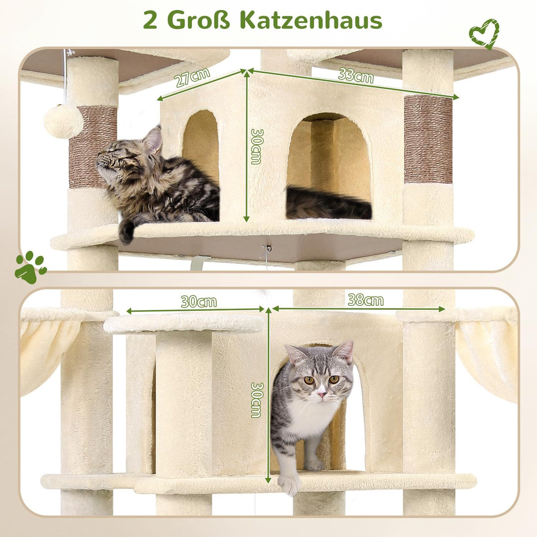 Globlazer Beige Kratzbaum Stabil 174 cm mit 3 Gepolsterte Sitzstangen, 2 Katzenhaus, 2 Korb, Abnehmb