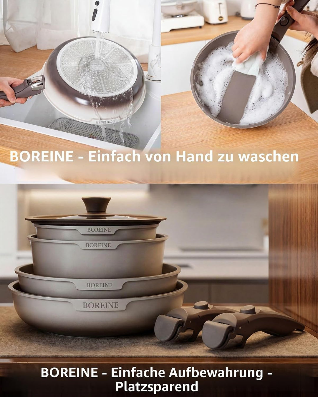 BOREINE Topfset Pfannenset 7-Teilig, Pfannen mit Abnehmbaren Griffen, Antihaft Kochgeschirr, Topf 18
